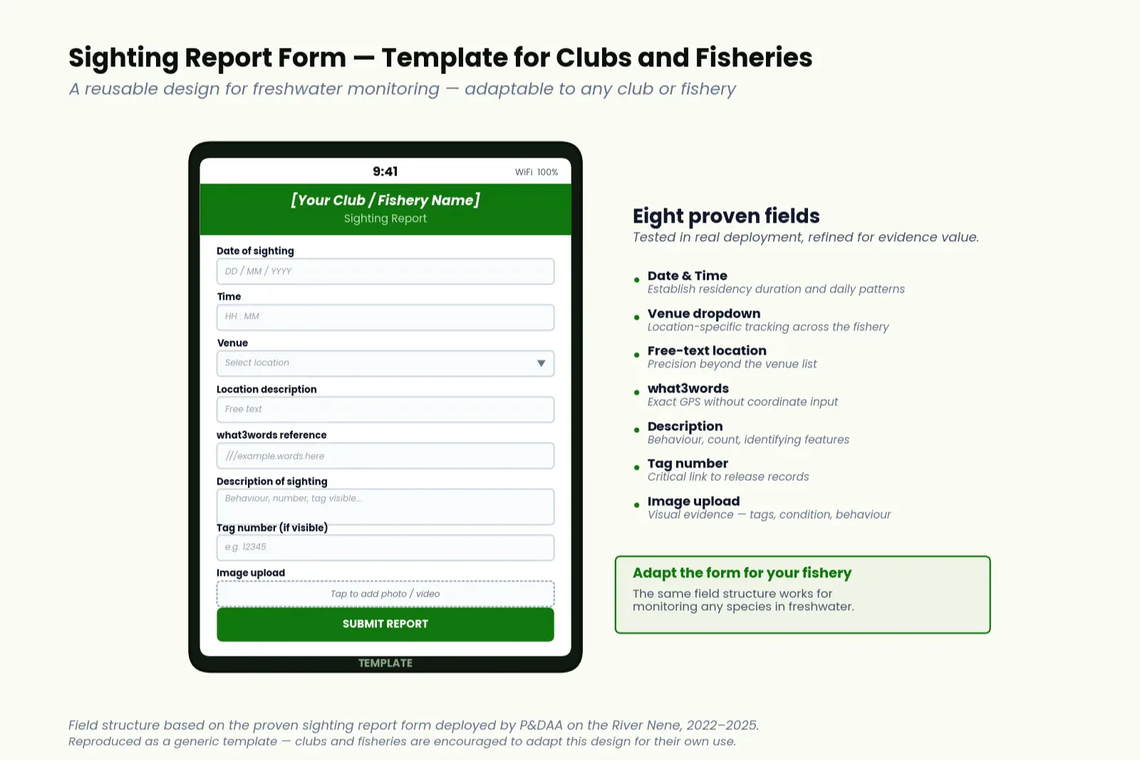 Sighting Report Form template — a reusable design for freshwater monitoring, adaptable to any club or fishery. Eight proven fields: date of sighting, time, venue, location description, what3words reference, description of sighting, tag number, and image upload. Header bar in P&DAA brand green with placeholder text reading 'Your Club / Fishery Name', SUBMIT button below the fields. Field structure based on the form deployed by P&DAA on the River Nene 2022–2025.