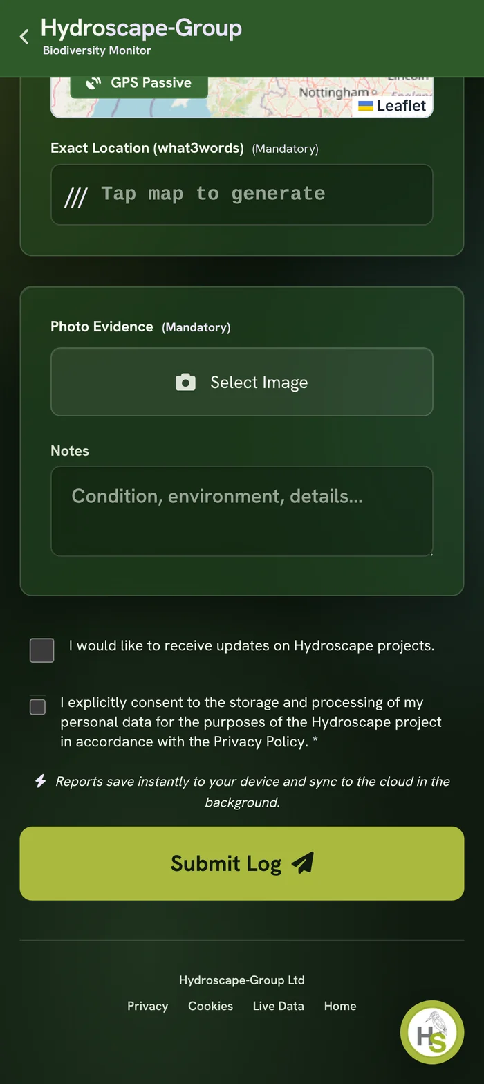 The foot of the biodiversity form, showing a mandatory photo evidence control, a notes field, an unticked box offering updates on Hydroscape projects, and a separate unticked consent box for storing and processing personal data.