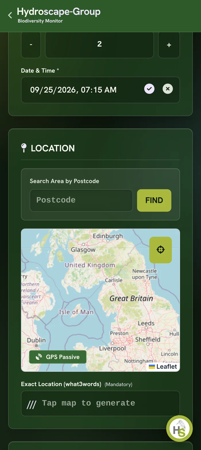 The biodiversity reporting form on a phone, showing a count stepper, the date and time field, a postcode search, the map and the mandatory what3words field.