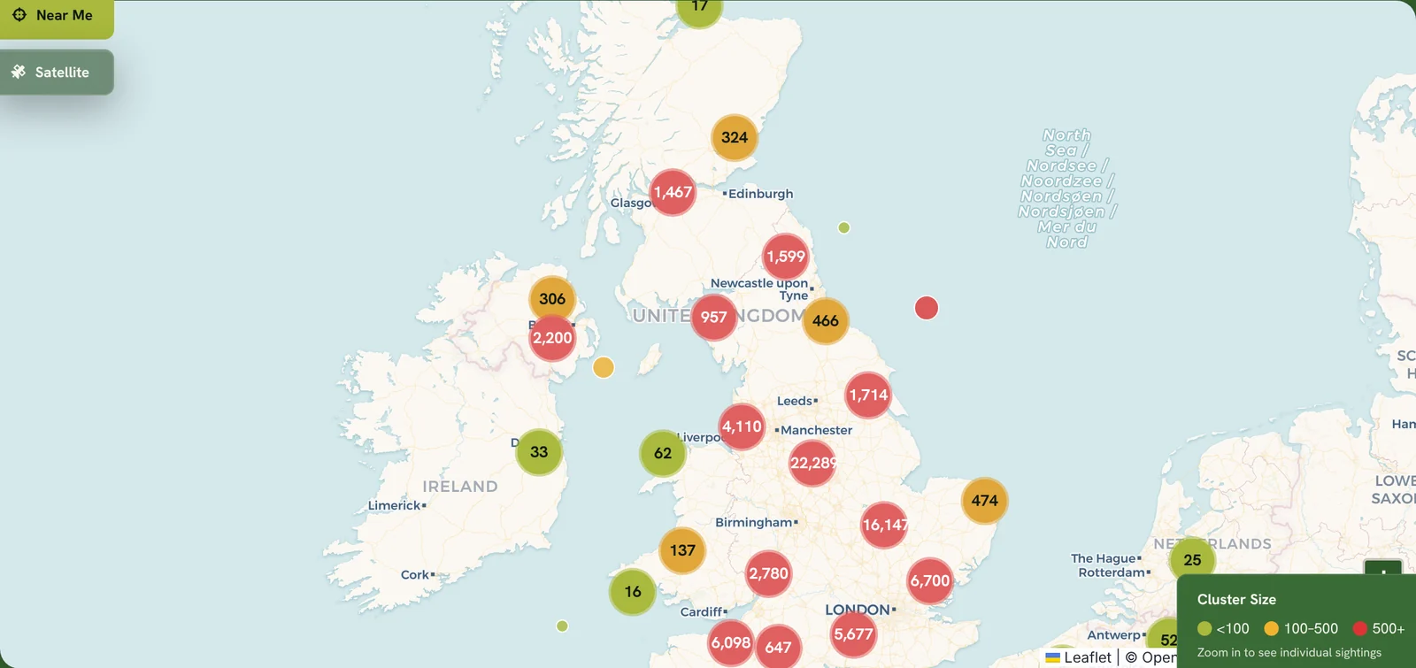 The Hydroscape public map of the United Kingdom and nearby coast, showing clustered cormorant sighting totals. The largest cluster, over the East Midlands, reads 22,289.