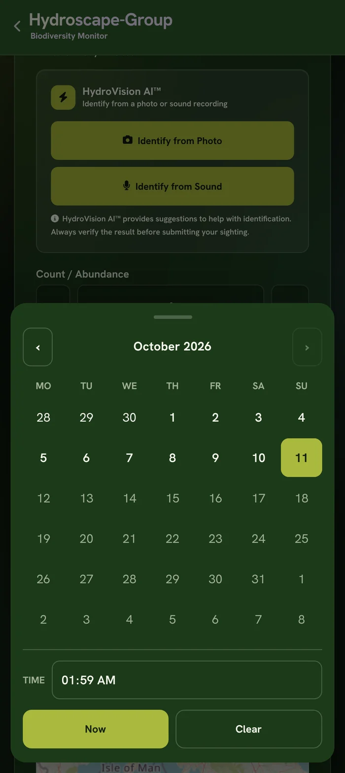 The date picker open on the biodiversity form, showing October 2026 with the eleventh selected and every later day greyed out and unselectable.